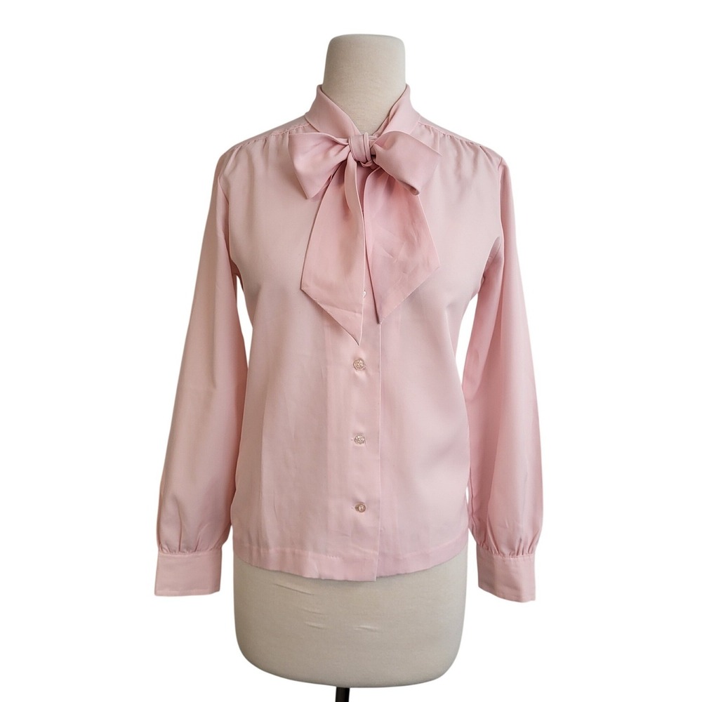 Vintage Pink Neck Bow Secretary Blouse M Button Front Long Sleeve Office Siren